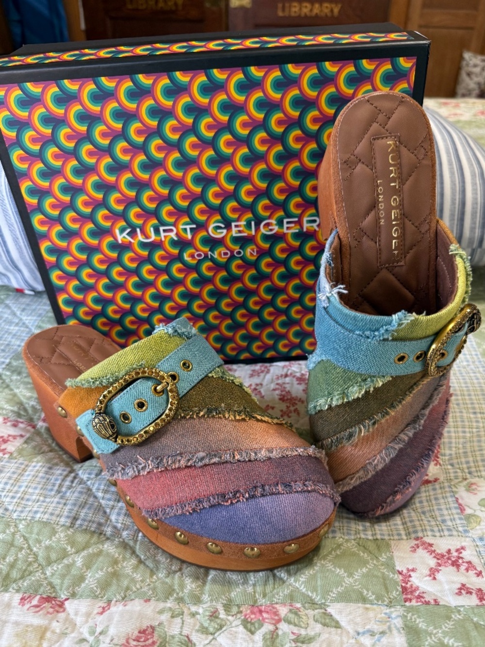 New Kurt Geiger Mayfair Clog, multi-colored denim, Sz 9